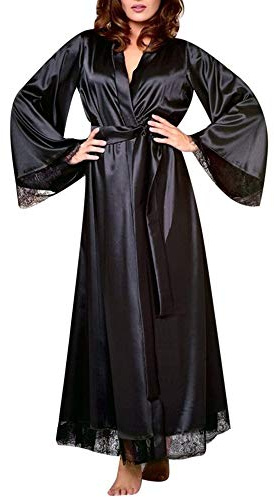 nvtuuer Kimono - Vestaglia da donna, lunga, in tinta unita, con maniche lunghe, in pizzo, per damigella d'onore, in raso, ideale per la notte, estivo, colore puro, Nero , L