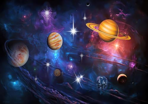 Wesmilewallpapaer Tapete Fototapete 3D Effekt Planet Sternenhimmel Universum Cartoon Handgemaltes Kunstölgemälde 400x280cm Seide Vliestapete Wandbilder Wanddeko Wohnzimmer Schlafzimmer