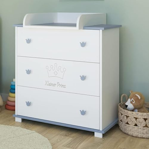Kids Collective Wickelkommode Kommode Wickeltisch mit Wickelaufsatz mit 3 Schubladen und Kleiner Prinz Gravur in Weiss blau Junge Made in Europe