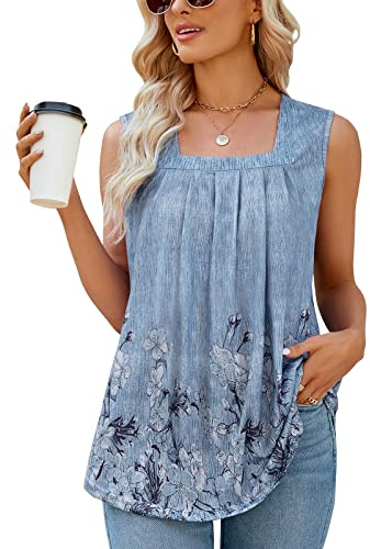 Syphiby Loose Tank Tops for Women,Pleated Bustline Square Neck Business Casual Shirts Curvy Hem Flowing Sleeveless Floral Summer Tunic,Grey-Medium
