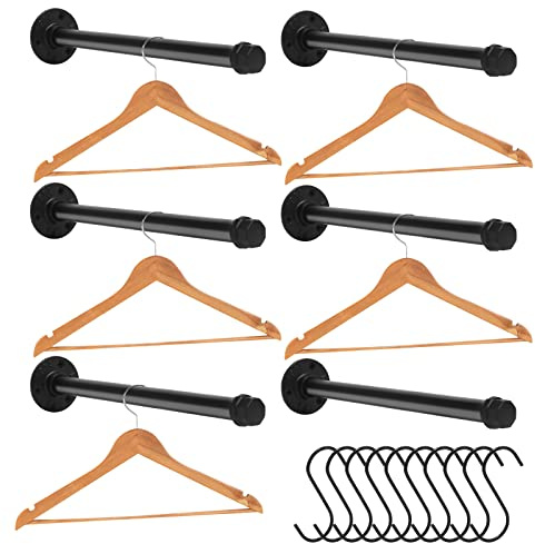 EGASON 6 Pcs Industrial Pipe Clothes Bar 12 Inch Rustic Black Iron Pipe Clothing Rack Wall Mounted Garment Rack Holder Hanging Closet Rods for Bedroom Bathroom Boutique