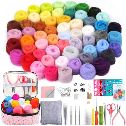 Wamkon 215 Stück Nadelfilz Set Filzset für Anfänger Filzen Starterset | Filz Wolle in 60 Farben Filznadeln Schaumstoffmatte Filzformen und Aufbewahrungsbox für Diy Handwerk