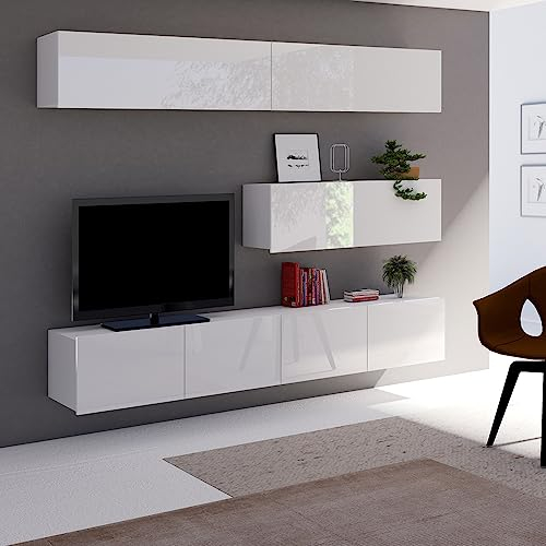Lomadox Wohnwand Anbauwand weiß Hochglanz 5-teilig Modern, mit 2 TV-Lowboards, 3 horizontale Hängeschränke