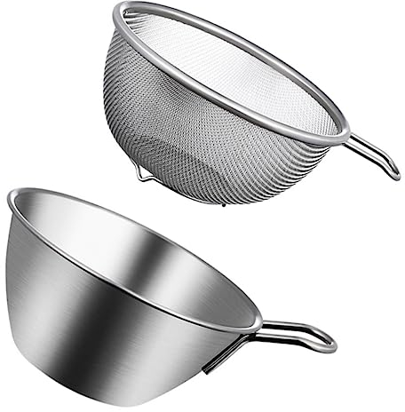 BESTonZON Stainless Steel Mesh Colander Strainer Sieve Rice Strainer Handle for Egg Beater Mixing Bowl Salad Prep Kitchen