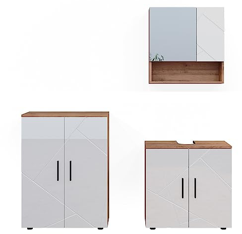 Vicco Badmöbel-Set Irma, Weiß Hochglanz/Goldkraft Eiche, 80 cm | besteht aus Waschbeckenunterschrank, Spiegelschrank und Midischrank