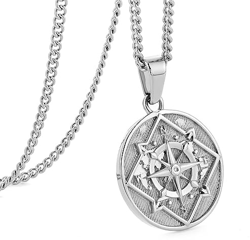 murtoo Silber Kreisförmig Kompass Anhänger für Herren, Halskette in Münz Design Silber oder Gold, Unisex Schmuck Geschenkidee für Damen und Männer