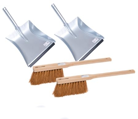 BawiTec 2X Kehrblech Set Kehrblechgarnitur Handfeger Kokosborsten Kehrblechbesen zum aufkehren Handkehrset Kehrblechset Kehrschaufel verzinkt mit Gummilippe Feger Borsten (Langstiel-Handfeger 43cm)