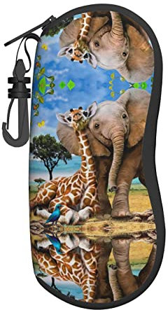 SCAUA Strawberry Sonnenbrillen-Etui, ultraleicht, Neopren, Brillenetui mit Karabiner, tragbares Brillenetui, Elefant und Giraffe, One size