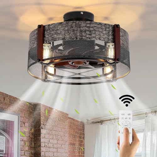 KZT Deckenlampe mit Ventilator und Fernbedienung E27 Vintage Industrial Deckenventilator mit Beleuchtung Schwarz Metall Fan Deckenleuchte Leise Ventilator mit Lampe für Schlafzimmer Wohnzimmer Küche