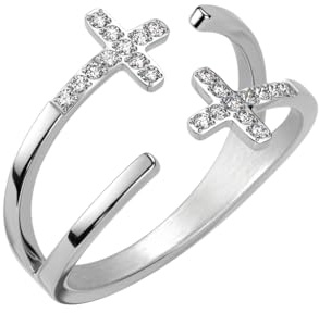 beyoutifulthings® Damen-Ring Doppel-Ring Pavé Zirkonia Kreuze Silber Edelstahl 13,7-mm breit Band-Ring Motiv-ring 52 (16,6)-62 (19,7)