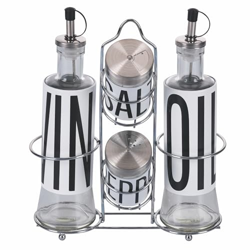 Villa d'Este Home Tivoli Set condimento olio, aceto, sale e pepe in vetro e acciaio inox, stand in ferro, Bigismore