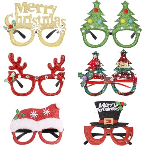 Weihnachtsdekorationen, Partybrillen – 6 Stück Weihnachtsbrillen aus Papier, Glitzer, Weihnachtsbrille, Fotoautomaten-Requisiten, Partyzubehör für Kinder und Erwachsene, Weihnachts-Partytütenfüller