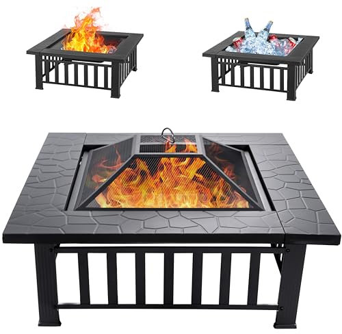 EcoNook Brasero carré d'extérieur de 81,3 cm avec pare-étincelles et tisonnier, foyer multifonction 3 en 1 pour extérieur, cheminée pour cour, jardin, terrasse