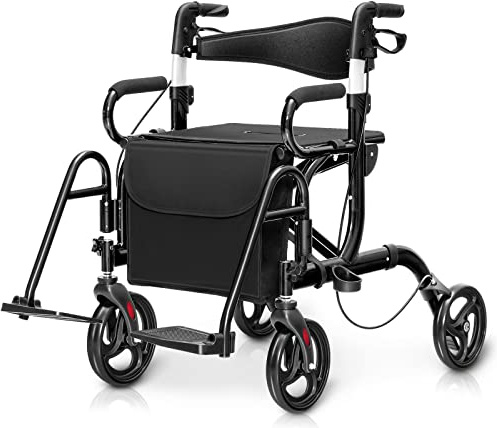 RELAX4LIFE 2-in-1 Rollstuhl Rollator Faltbar und Leicht mit Sitz, Rollatoren 6-fach höhenverstellbar, Leichtgewicht Reiserollator Aluminium, Gehhilfe mit Gummireifen, Tasche, Stockhalter (Schwarz)