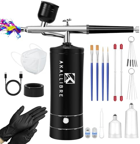 AKALLIBRE Kit de aerógrafo con compresor, pistola de aerógrafo de alta presión de 48 PSI con boquillas de 0,2/0,3/0,5 mm, aerógrafo portátil para arte de uñas, decoración de pasteles, pintura, etc.