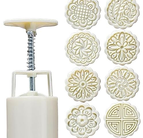 Baking Tools Mid-Autumn Mooncake Mould Press with 8 Flower Stamps Moon Cake Decor Mould Mid-Autumn Festival DIY Hand-Pressure Cake Decoration Tool Hand-Pressure Biscuit for Kitchen Gadget(75g)