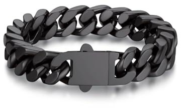 Bandmax Panzer Kette Pulsera de Muneca con Cadenas Cubanas Resistente al Agua, 23cm Brazalete Negro Acero 12mm Ancho