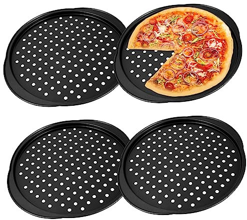 OFFSCH Bandejas para Pizza Perforadas 35.5X32X1.3Cm Acero al Antiadherente con Asas Pequeñas para Hornear para Cocina Set de 4 Piezas