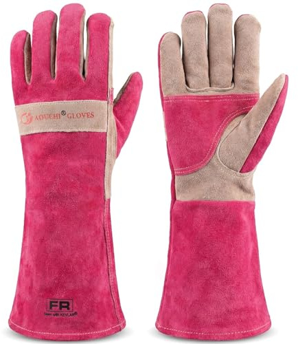 AOUCHI Gardening Gloves for Women, Long Thorn Proof Garden Gloves for Yard Work, Heat Resistant Leather Gloves for Welding, BBQ, Cooking, Fireplace, Chainsaw, Utility, Durable, Rose Red, M