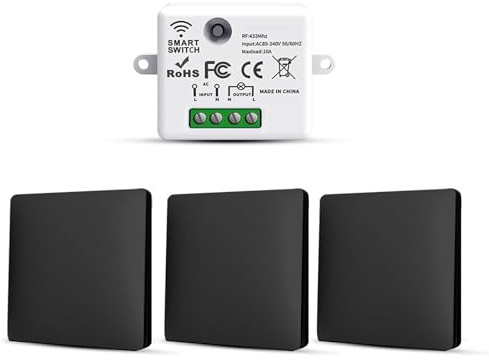 HYHIOTS Interupteur Sans Fil, 3 Interrupteur d'éclairage Sans Pile Fil va et Vient Avec émetteur et Contrôleur Récepteur RF433 10A 240V (Kit 3 Voies)