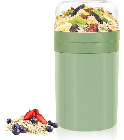 Zikenis Müslibecher 520ml+250ml, 2-in-1 Joghurtbecher, Praktischer Joghurtbecher, Cornflakes-Becher, Doppellagiger Auslaufsicherer, Geeignet für Schule, Arbeit, Reisen (Grün)