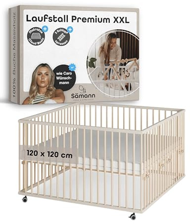 Sämann Laufstall Baby XXL 120x120 cm mit Matratze und Schlupfsprossen | TÜV geprüft | stufenlos höhenverstellbar | Laufgitter Premium | Babybett aus Holz | Krabbelgitter sahara dust/natur