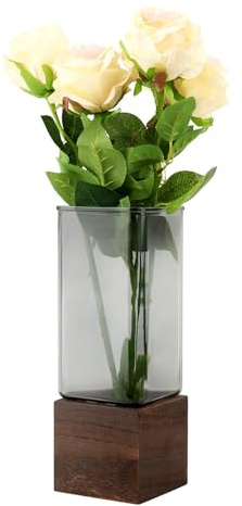 Artistic Square Wood Glass Vase,10 Inch Tall Flower Vases Bottles with Wooden Base,Boho Rustic Farmhouse Vase for Fireplace Living Room Kitchen Bedroom Wedding Centerpiece Table