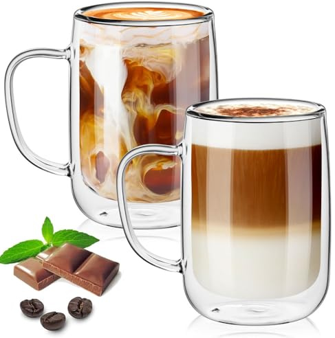 TKNO 2 Pack 350ml Double Walled Glass Coffee Mugs – Insulated Thermal Designer Tea Cups, Inward Curve Barista Style Glasses with Handles, Elegant Clear Borosilicate Mugs