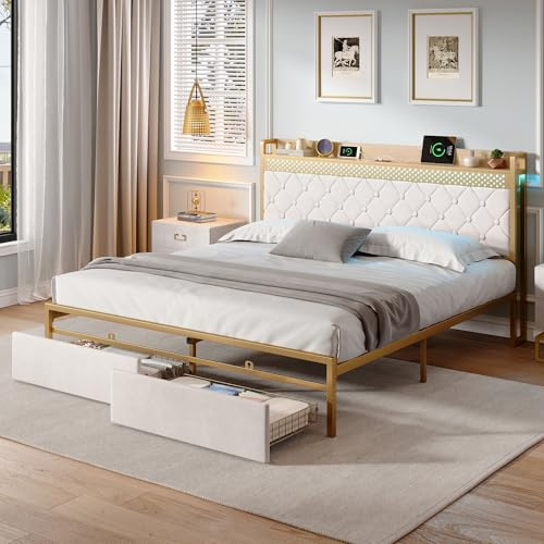 BOSTEU 4ft6 Double Bed Frame, Velvet Bed Frame with 2 Storage Drawers & Headboard, Youth Bed with Chrome Decoration & LED & Charging Station, No Box Spring Needed, No Mattress, Beige