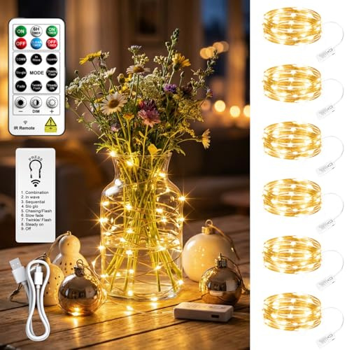 SINAMER 6 Stück Micro LED Lichterkette mit Aufladbarer Batterie,2M 20LEDs | Timer und Fernbedienung, 8 Modi, Dimmbar,Wasserdichter Silberdraht für Innen, Zimmerdeko, Weihnachten, Hochzeit (Warmweiß)
