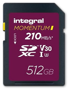 Integral Momentum I - Scheda SDXC V30 U3 da 512 GB, fino a 210 MB/s in lettura, 180 MB/s in scrittura, per DSLR, mirrorless e videocamere, video 4K UHD e modalità Burst, impermeabile, antiurto