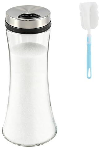 Glass Sugar Dispenser, Sugar Shaker Jar with Adjustable 3-Hole Lid & Cleaning Brush, Airtight Glass Container with Smooth One-Handed Pour for Kitchen, Coffee Bar, Tea & Baking(COLOR:Clear)