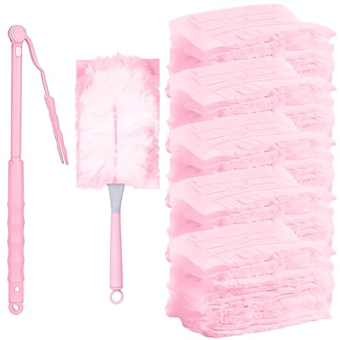 52 Piezas Recambios Plumero Atrapapolvo, Compatible con Swiffer & Otros Dusters, Piezas de Microfibra Desechable, 50 Paños, 2 Asas, para Limpiar Polvo, Pelo de Animales y Suciedad (Rosa)