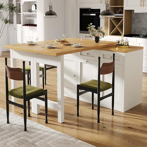 Merax Mesa de bar extensible con espacio de almacenamiento, isla de cocina giratoria de 360°, barra de cocina, con mesa desplegable, bandeja para snacks, compartimento extraíble para basura, Blanco