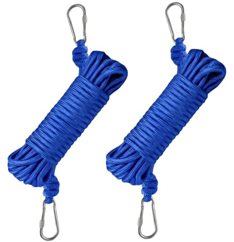 Washing Line Rope 2 Pack, 20m Heavy Duty Clothes Lines for Outside | with Snap Hooks, Blue Nylon Outdoor Laundry Line for Garden, Camping, Travel