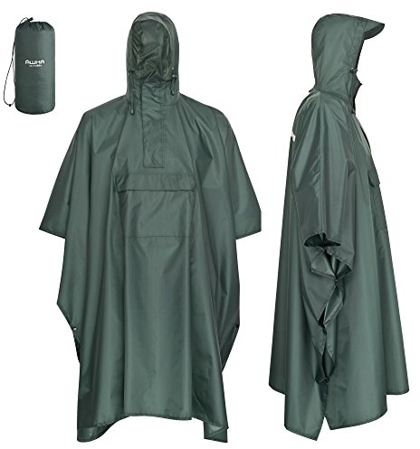 AWHA Regenponcho Damen und Herren wasserdicht und extra lang zum Wandern, Reiten, Fahrrad fahren - Outdoor Regenschutz wiederverwendbar mit Tasche, dunkelgrün, S/M