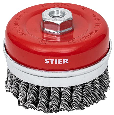 STIER Topfbürste Stahl, gezopfter Draht, für Winkelschleifer, Ø 100 mm, M14, Drahtstärke 0,8 mm, Drahtbürste-flex, Winkelschleifer-Zubehör, Stahlbürste, Drahtbürstenaufsatz