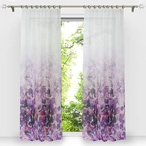 HongYa 1 Stück Voile Farbverlauf Gardine Transparenter Vorhang mit Kräuselband Blumen Druck H/B 175/140 cm