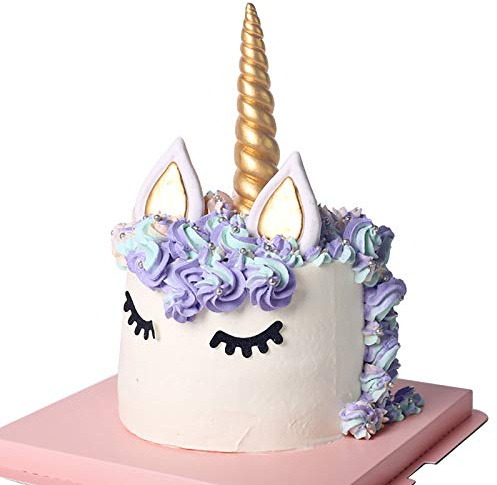 Opret Gold Einhorn Kuchen Topper, 5 Stück Handarbeit Tortendeko Geburtstag Kuchen Aufsätze Wiederverwendbare Einhornhörner Ohren und Wimpern, Deko für Geburtstag/Hochzeit Party