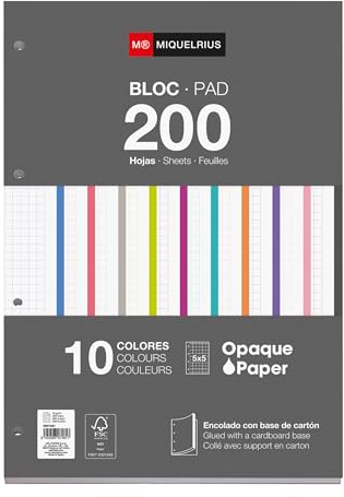 Miquelrius - A4 Nachfüllblätter 200 Blatt kariert 5x5 mm, Papier 70 g/m², Seitlich geleimter Block, Gelocht für Ordner, 10 Farben, Schulbedarf