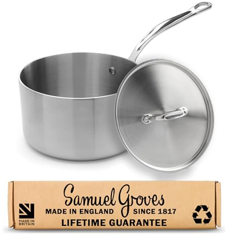 Samuel Groves 20cm Stainless Steel Saucepan with Lid, Tri-Ply Induction Sauce Pan, Oven Safe Professional Cookware, Uncoated Metal Pan for Gas, Electric & Ceramic Hobs, Made in England Since 1817