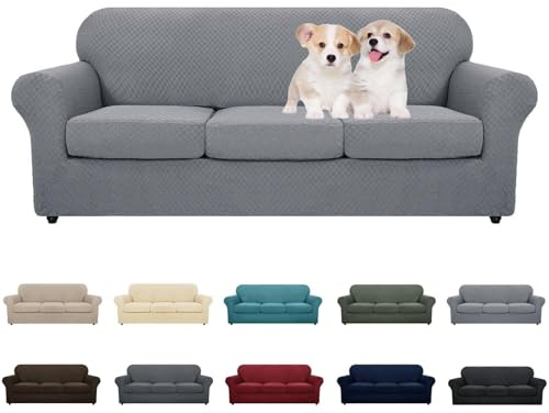 MAXIJIN 4 Piece Couch Covers for 3 Cushion Couch Super Stretch Non Slip Couch Cover for Dogs Pet Friendly Elastic Jacquard Furniture Protector Sofa Slipcovers (Sofa, Light Gray)