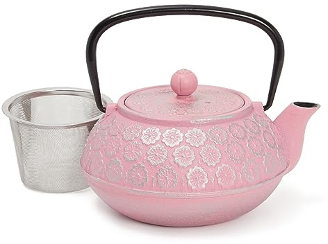 Juvale Bollitore da tè in ghisa, infusore in acciaio inox e infusore per foglie sfuse, ritenzione del calore, bollitore in ghisa rosa, 963,9 g