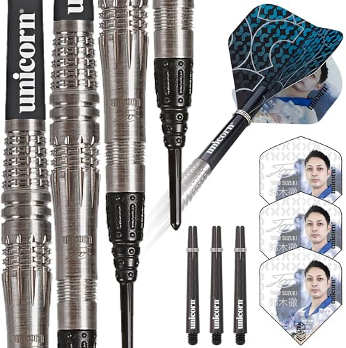 Unicorn Soft Tip Dartpfeile Set | Tśru Suzuki Contender Phase 2 | 90% natürliche Wolfram Barrels | 22g