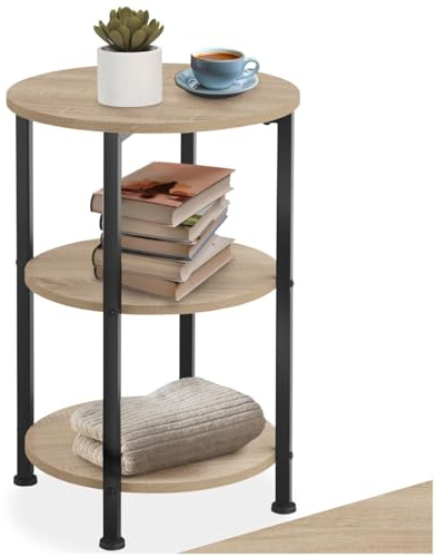 tectake® Industrial Beistelltisch rund, Wohnzimmertisch Holz + Metall, Couchtisch mit 3 Ebenen, als Nachttisch Schlafzimmer, für Couch, als Pflanzenständer, Ø 40 - Industrial Holz hell, Eiche Sonoma