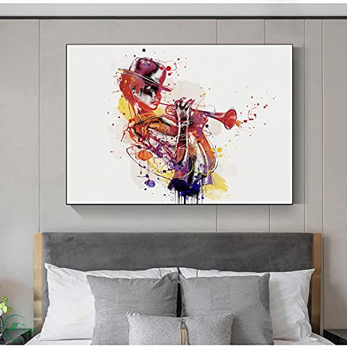 dsdsgog Trompeter Frau Künstler Abstrakte Poster und Drucke Nordic Moderne Malerei auf Leinwand Wandkunst Bilder Für Restaurant Dekor 40x60cm Rahmenlos