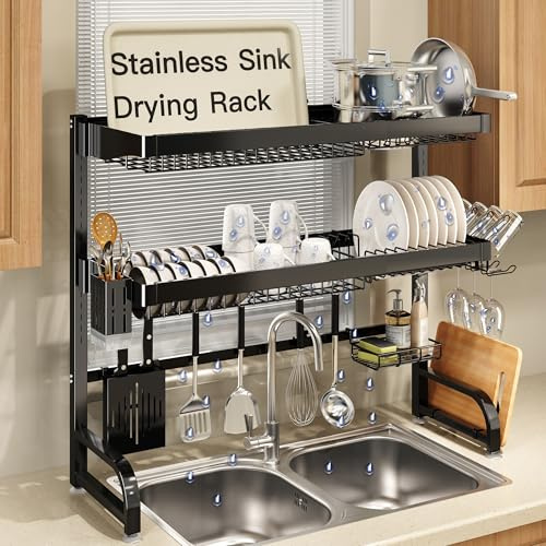 MAJALiS Over The Sink Dish Drying Rack, Large 3 Tier 304 Stainless Steel Dish Drainer Rack Organizer for Kitchen Shelf, Expandable Above Sink Dish Rack with 10 Hooks (Black - 25.5-35.5)