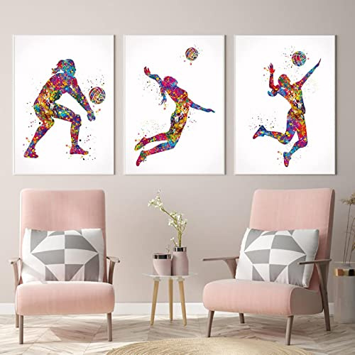 Dittelle Nordic Volleyball Mädchen Aquarell Poster Hand Ball Spieler Frau Sport Leinwand Malerei Wandkunst Bild Wohnzimmer Dekor 30x40cm-3Pcs Frameless
