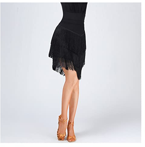 MIYYO Faldas De Baile Latino for Dama Rumba Samba Tango Jazz,Skirt Clásica De Baile con Flecos De 3 Niveles for Entrenamiento, Competición, Fiesta, Rendimiento (Color : Black, Size : L)