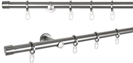 metablo Gardinenstange 1-Lauf Wandmontage, Vorhangstange Fenster Verschiedene Größen, Komplettgarnitur Kappe inklusive Träger und Endstücke, Stangendurchmesser 20mm Edelstahl-Optik 120 cm